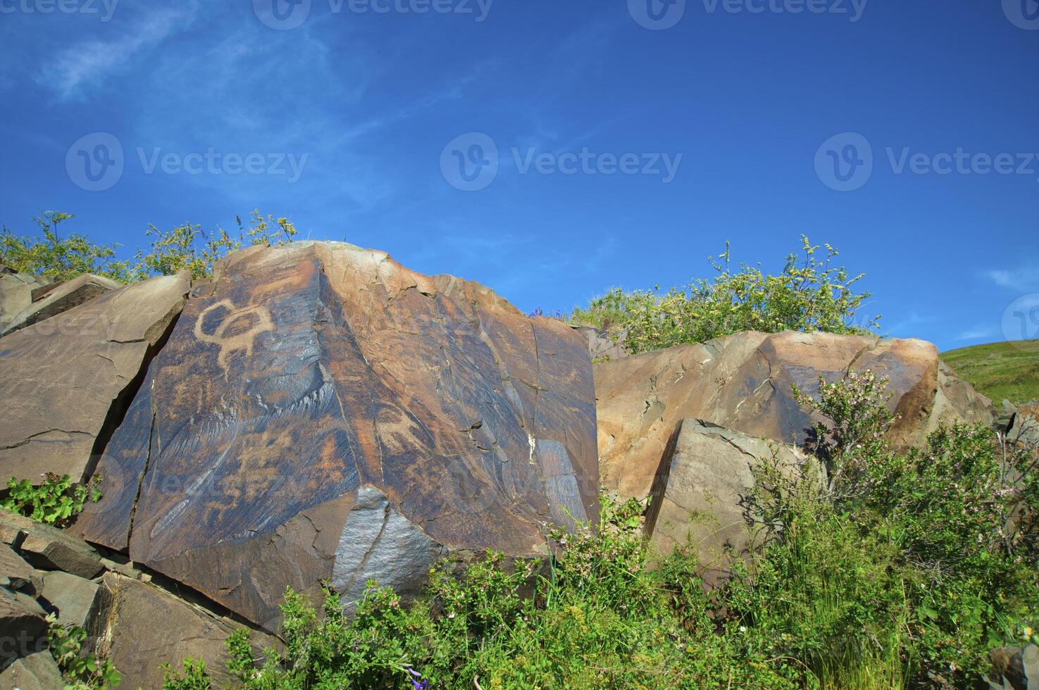 Petroglyphs within the Archaeological Landscape of Tamgaly. Almaty area, Kazakhstan photo