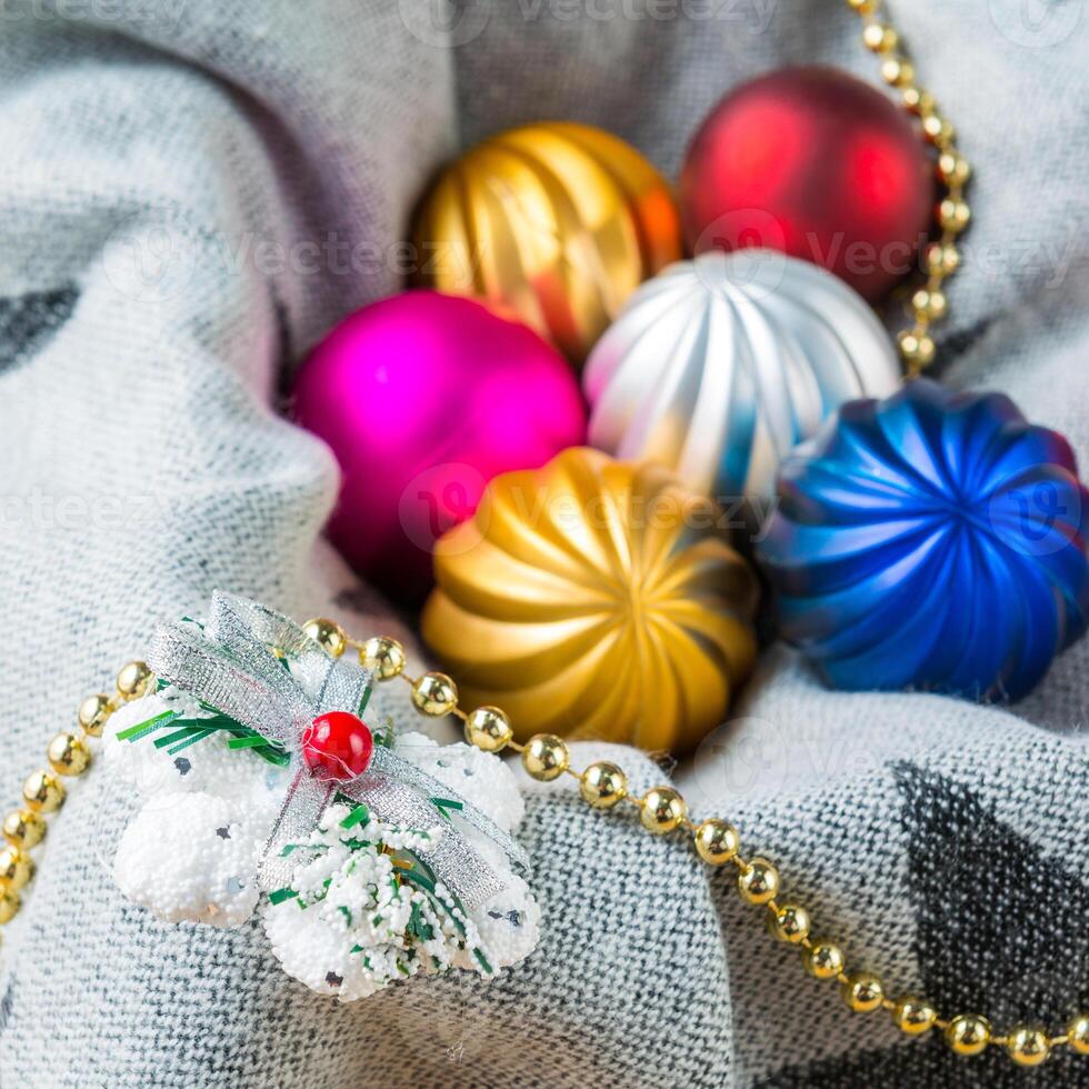 Christmas decorations on a color background. New year toys. photo