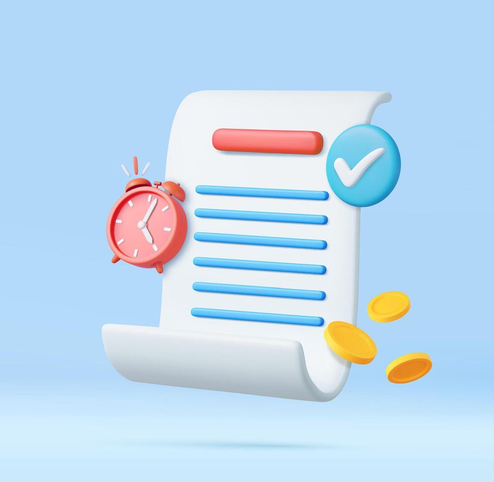 3d Bill with clock and golden coins vector
