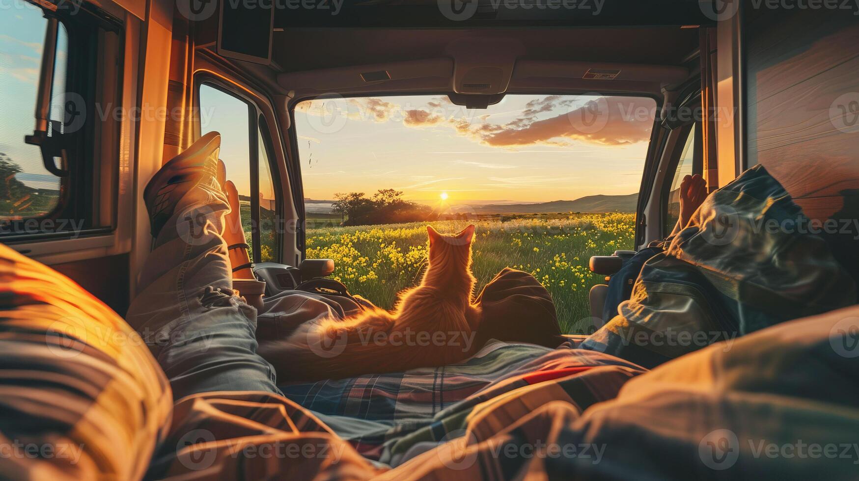 a person and a cat are laying in a camper van at sunset photo