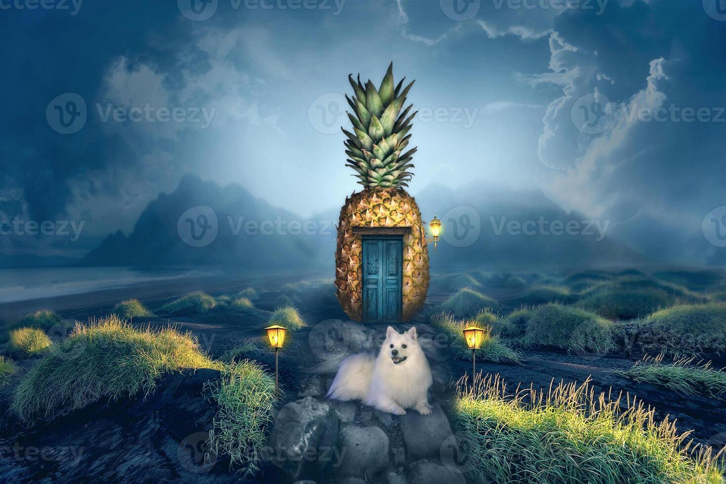 White dog Japanese Spitz Simba and his fantasy pineapple house on the ocean near the mountains photo
