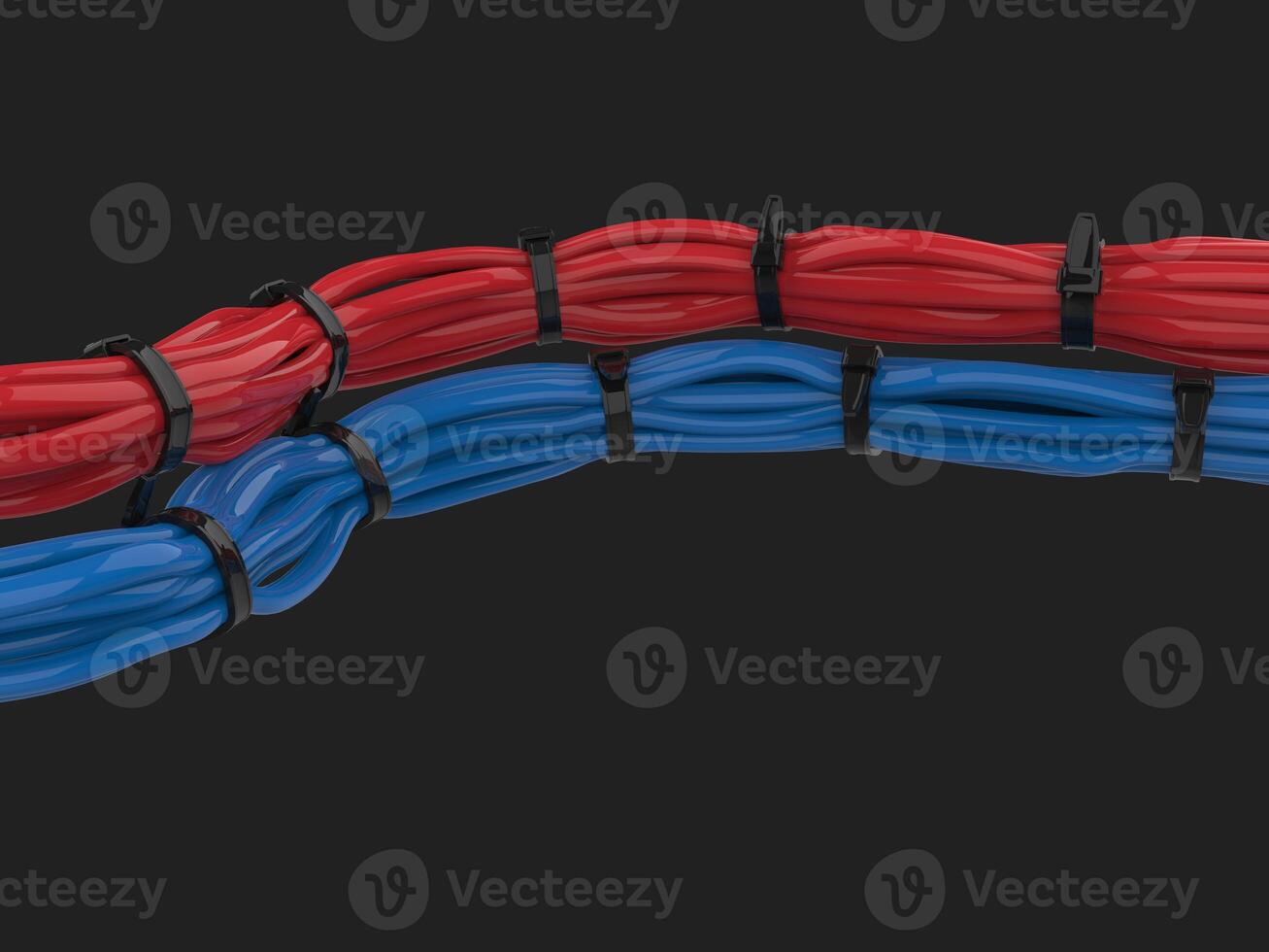 Red and blue cables tightly tied with black zipties photo