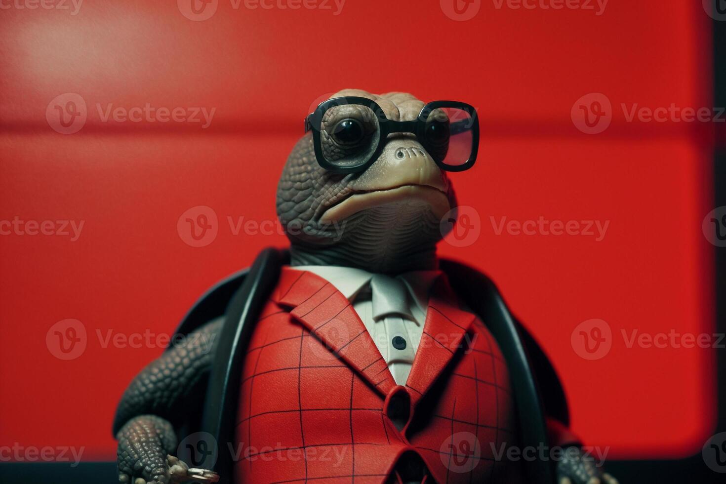Portrait of a turtle with glasses and a formal red suit,preparing for an advertisement. . photo