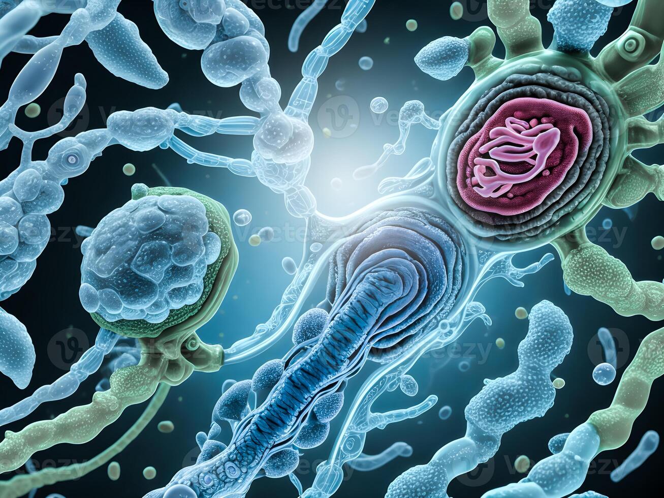 The concept, simulated 3D illustration of the cell membrane of e-Coli and bacteria cells. Illustration for medical, science, biology, biochemistry, and scientific research. . photo