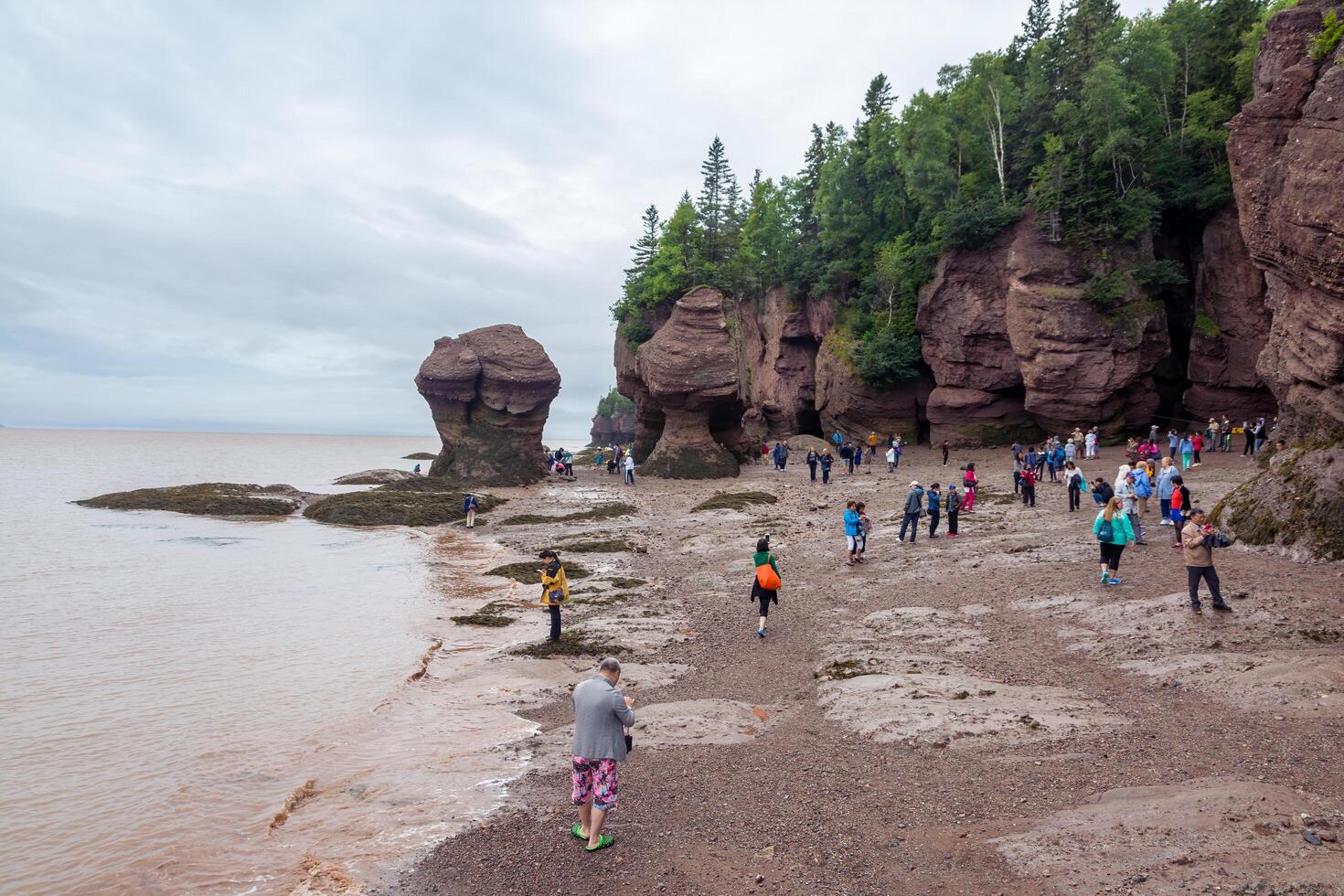 Bay of Fundy, Canada - August 12, 2015-People walk on the bottom of the Bay of Fundy as the tide is out on an overcast day photo
