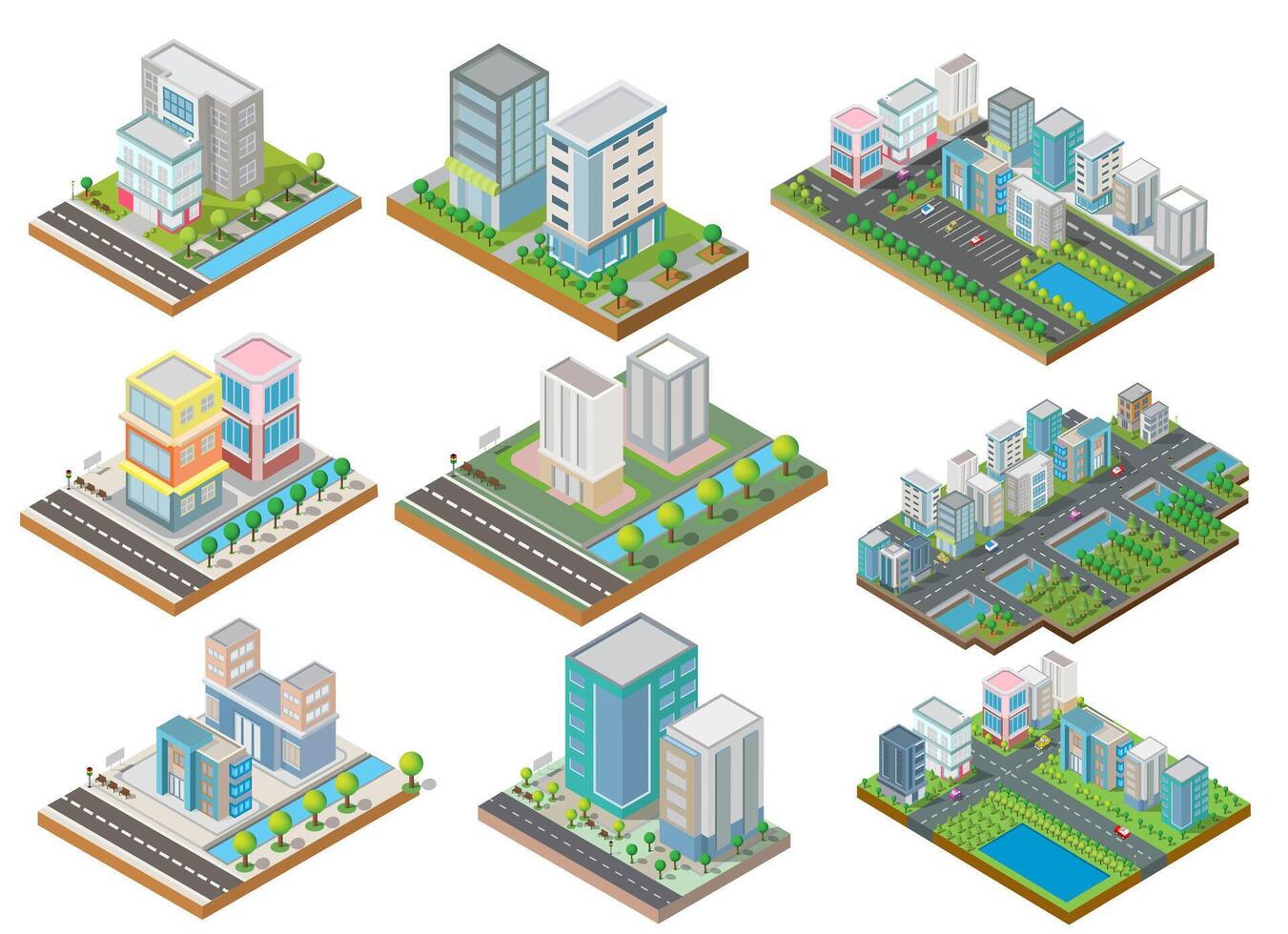 Set of Isometric Building vector.They are on Yard.The river with road and trees. building 3d , smart city, Vector office and town apartment concept.