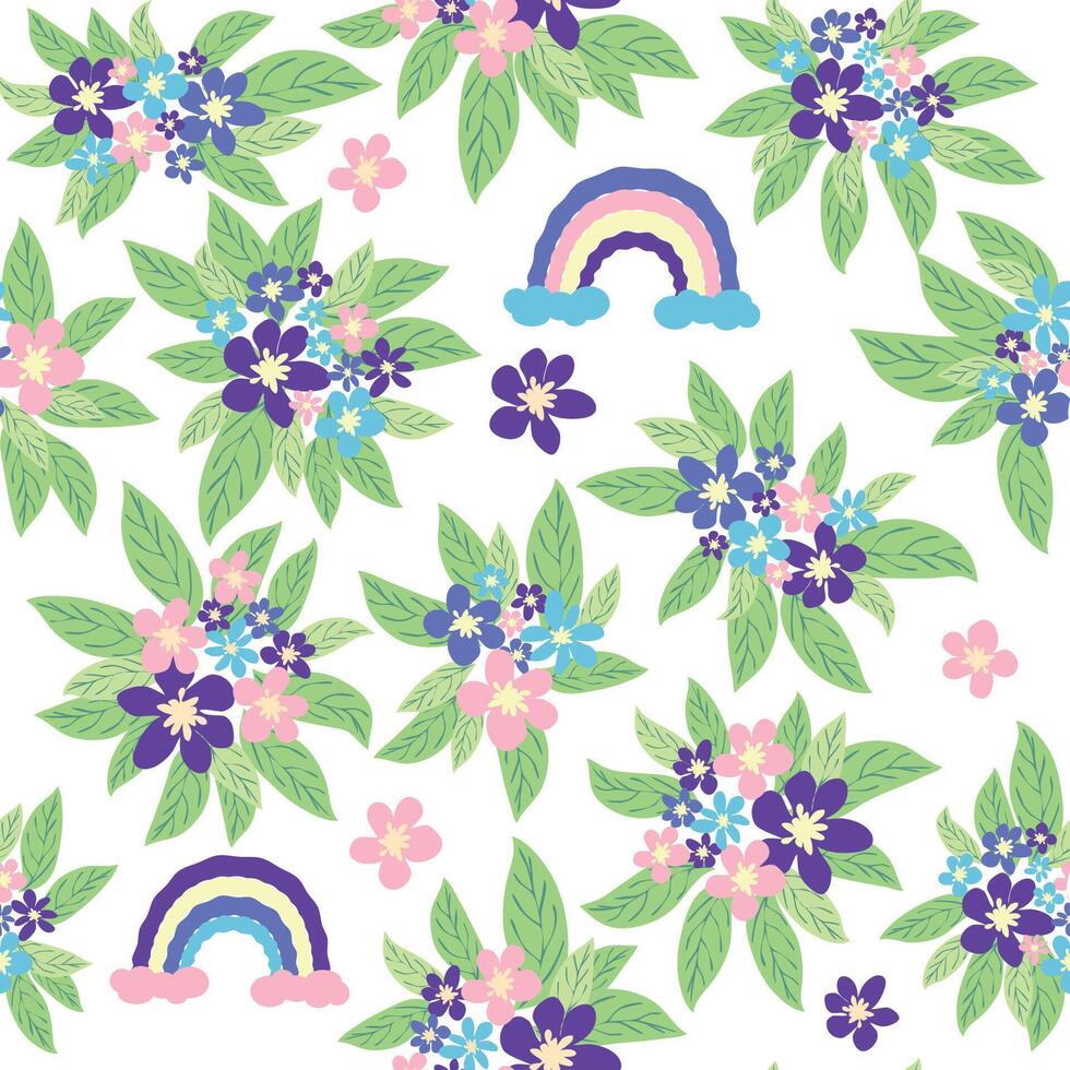 Floral seamless pattern with titian, lavender, blue, purple chamomile flower and leaves on pastel background vector
