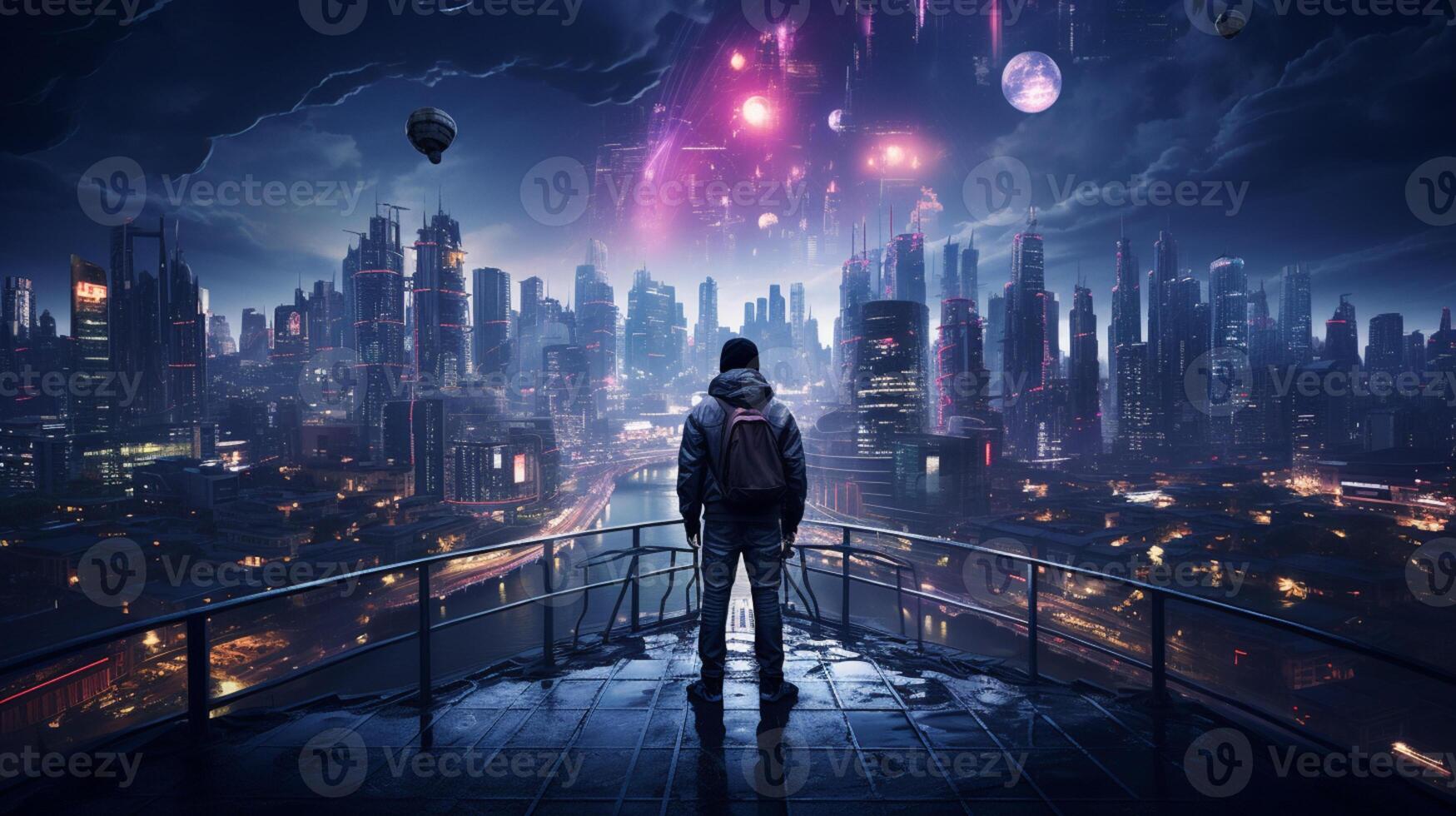 Young generation wearing VR Headset immerse in game simulator-metaverse and fantasy world, futuristic technology abstract shape, AI Generative photo