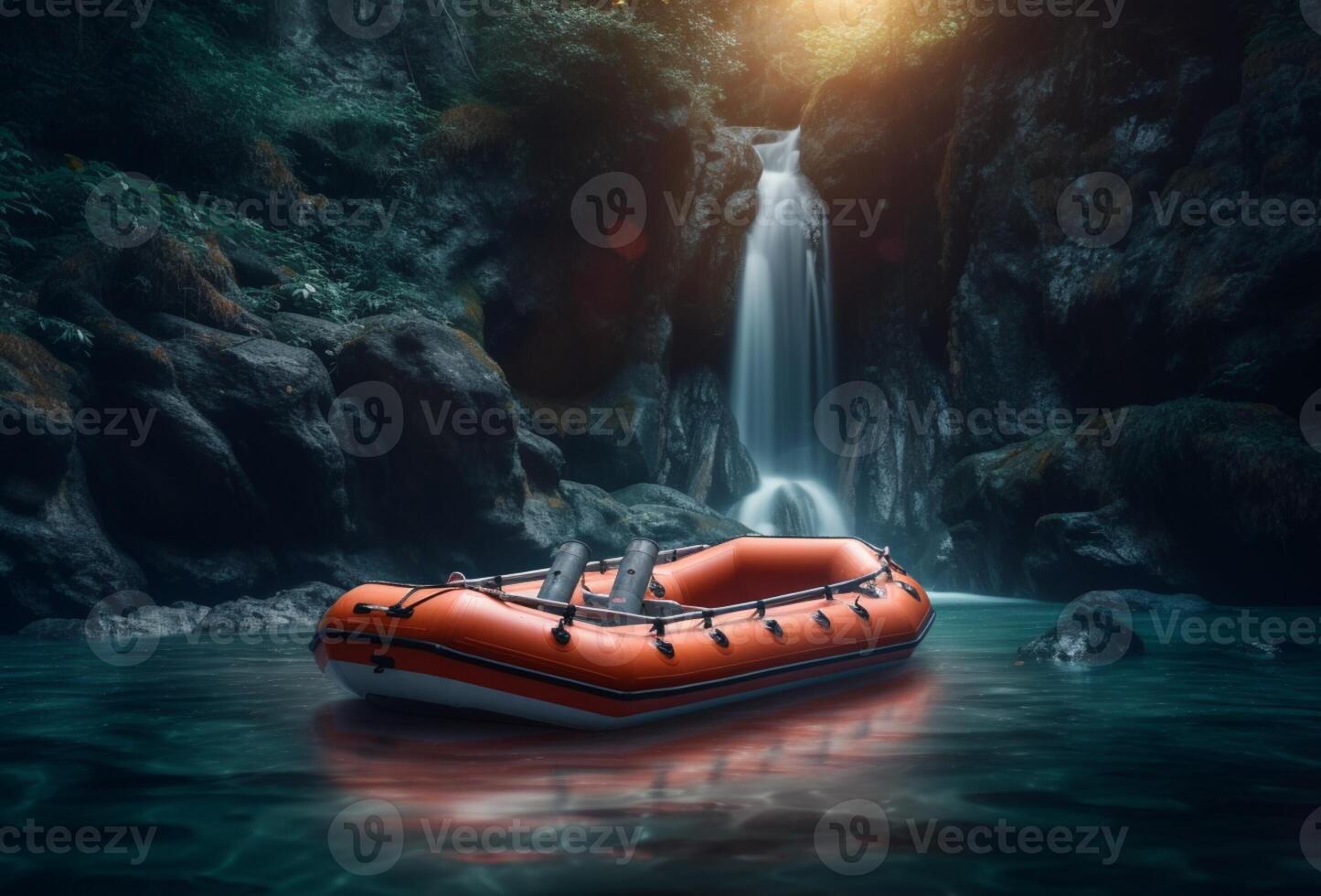Rubber boat under the gentle flow of a waterfall. longexposure. generative ai photo
