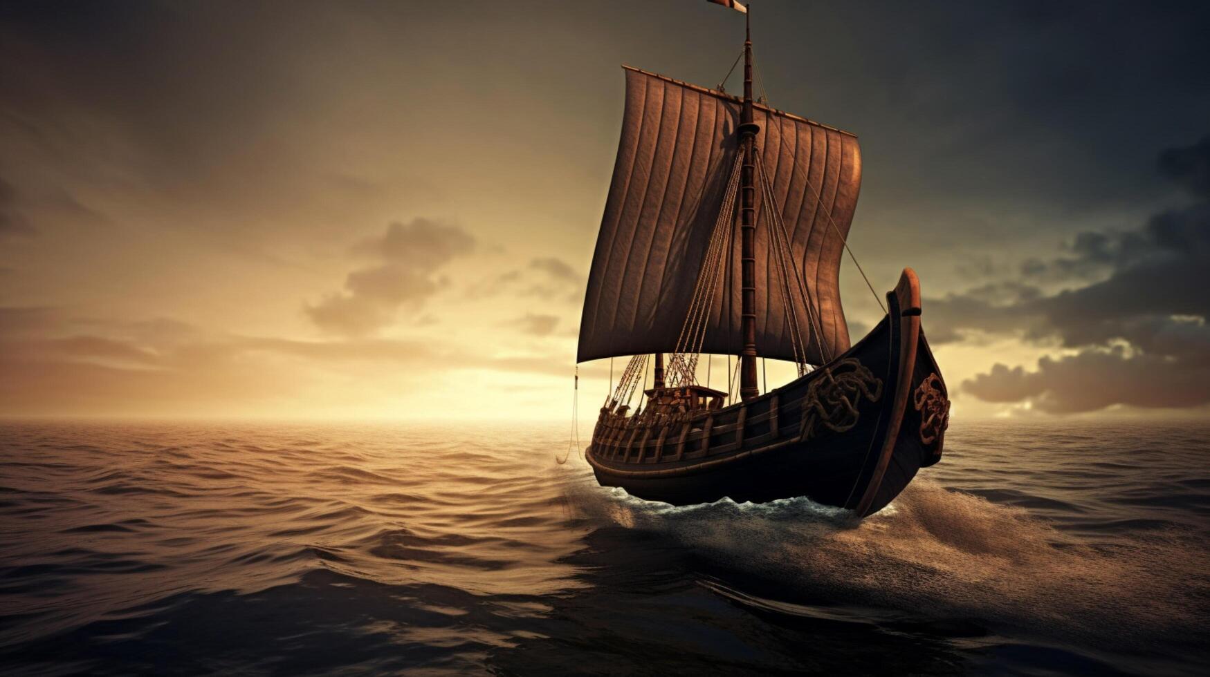 viking ship sailing on calm sea with waves lappin photo