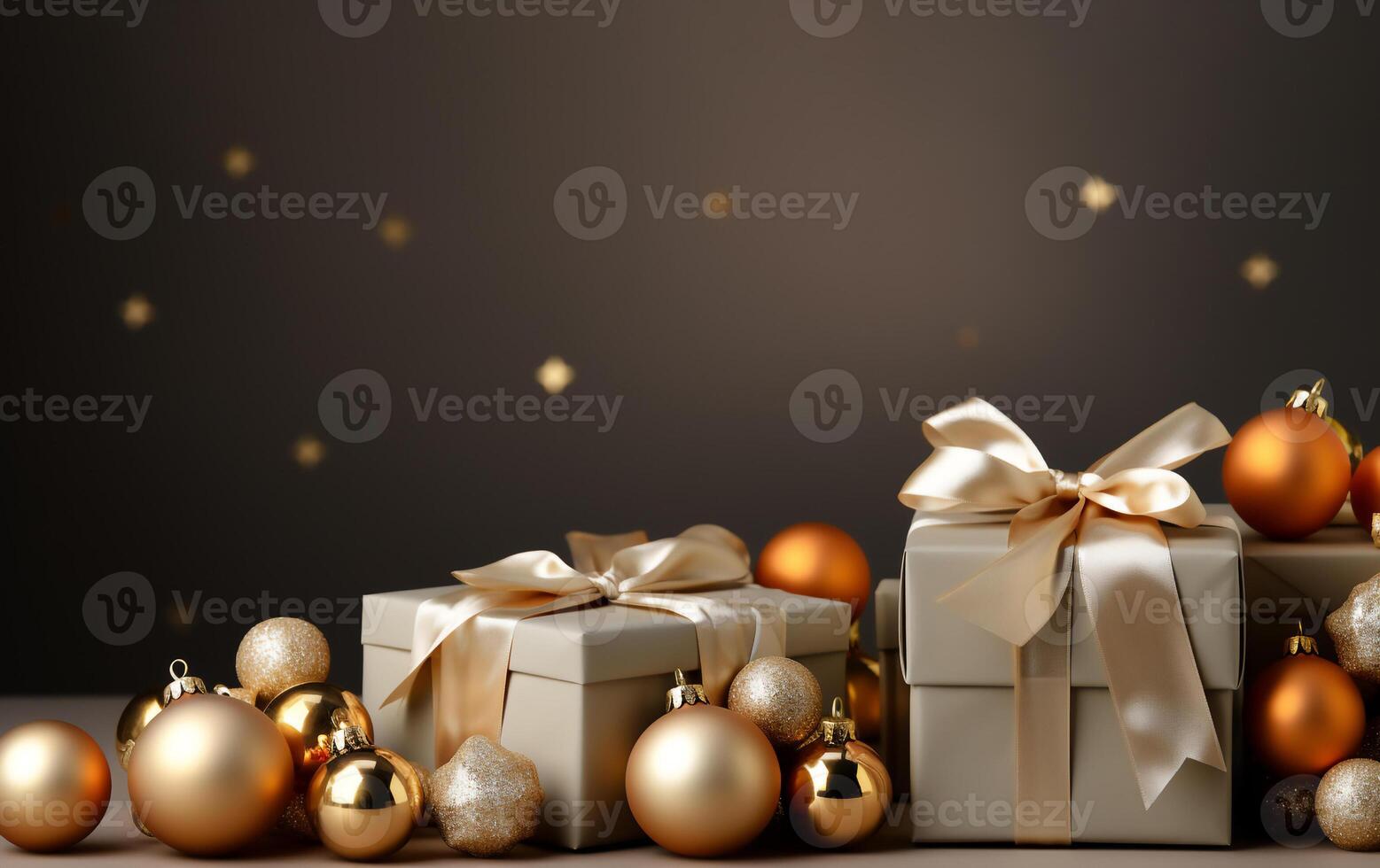 Christmas background with gift box on marble floor with blurry light on dark brown wall,Concept for New year or Winter holiday sale promotion banner,Generative Ai photo