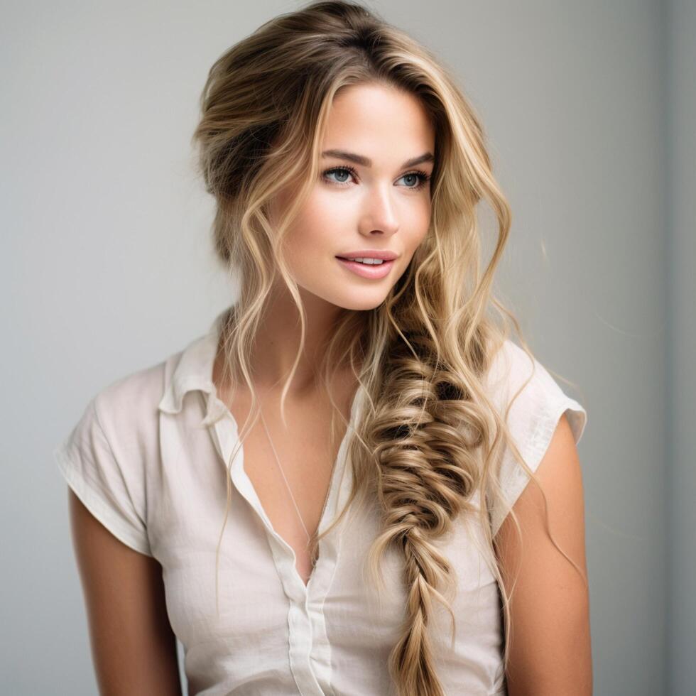 Messy fishtail side braid with face-framing tendrils photo