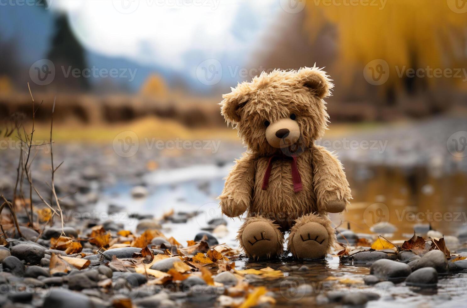 Lonely Teddy bear doll standing alone with blurry autumn forest background,Lost brown bear toy looking sad,International missing children's day,Generative Ai photo