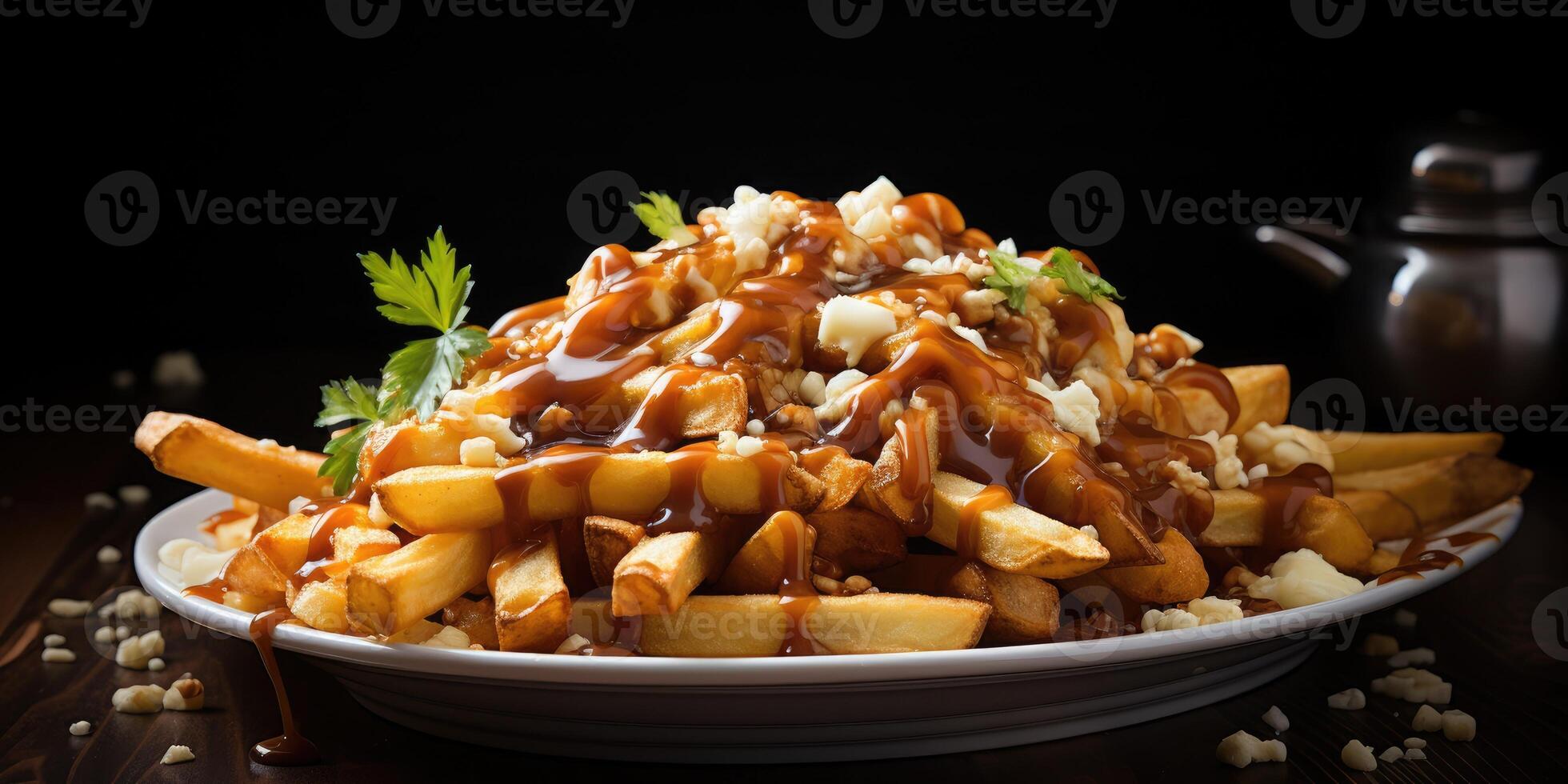 Canada's national dish, poutine. Close-up dish, potatoes and cheese. Generative AI photo