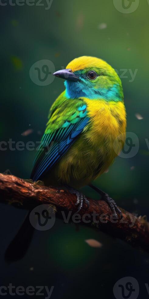 Bird green-headed oriole on a branch close-up. Generative AI photo