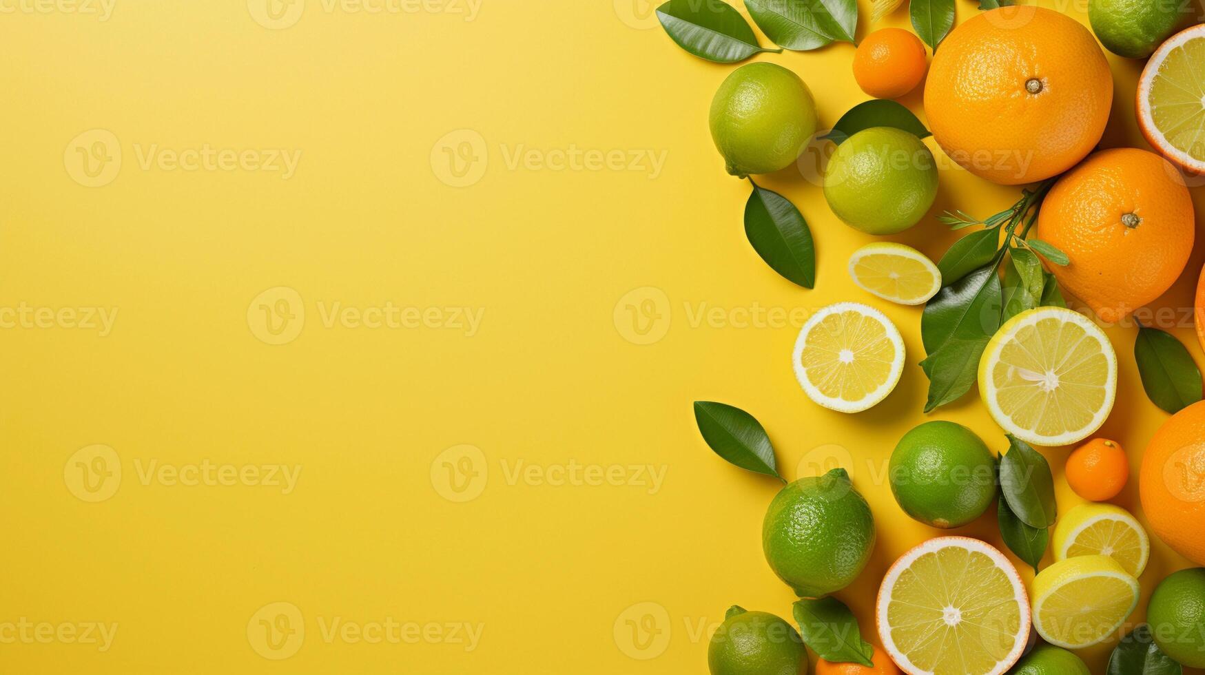A citrus-themed wallpaper with oranges, lemons, and limes against a sunny yellow textured background, AI generated photo