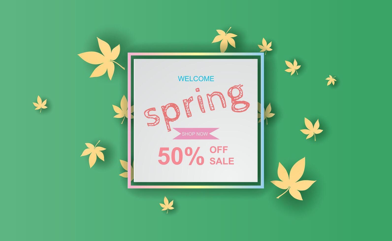 Spring season of Fresh green leaves border.Abstract Spring sale offer banner with frame concept,Paper cut and craft minimal pastel background,template scene place for your text.vector.illustration vector