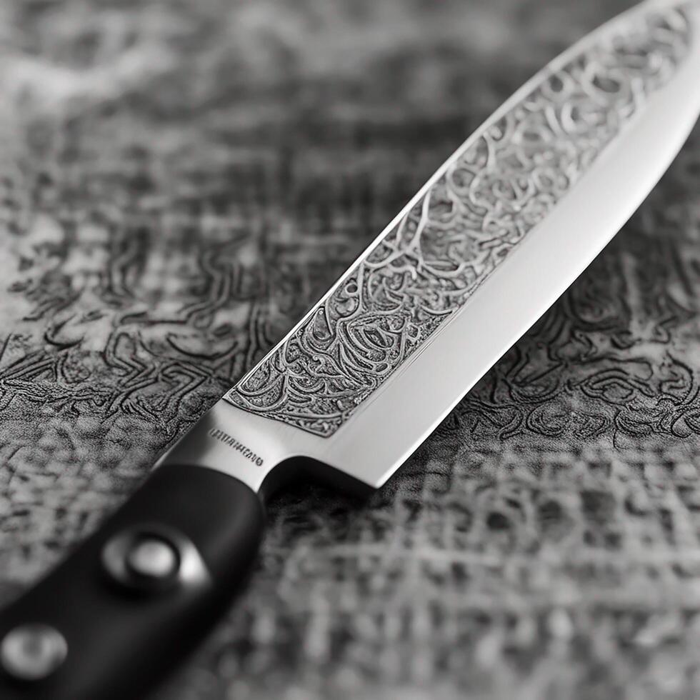 A close-up photograph of a chef's knife, highlighting its sharp edge and intricate blade patterns, captured with macro photography, showcasing the artistry of culinary tools-AI Generated. photo