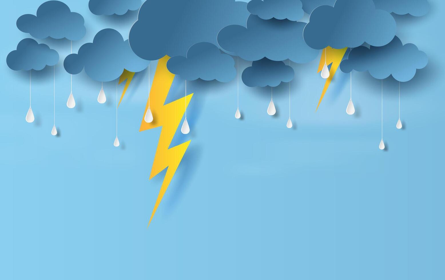 ilustración de paisaje ver con negro nube y amarillo Encendiendo en azul cielo.lluvioso temporada en mar con tormenta relámpago, creativo diseño papel Arte y arte estilo. vector cartel, sitio web con impresión