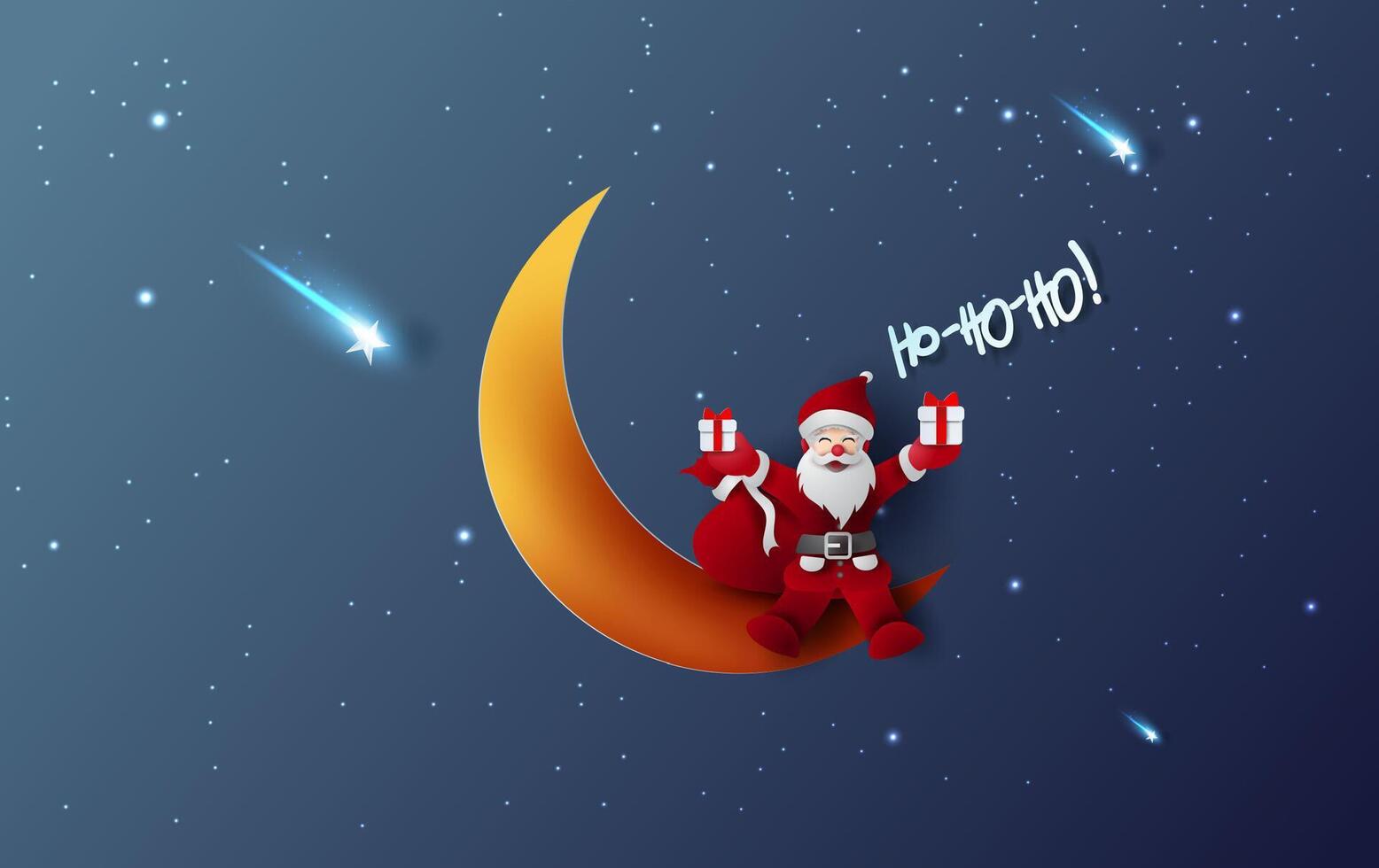 Merry Christmas and Happy new year of Santa claus Hold a gift box.Half moon and star with Mystical Night sky fantasy background.Moonlight at night sweet dream.Creative paper cut and craft.vector EPS10 vector