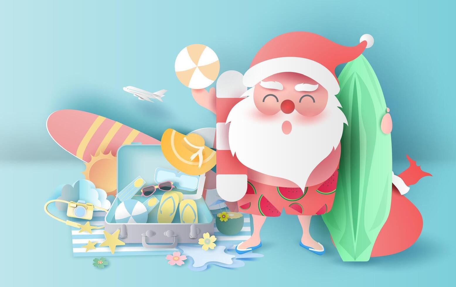 Summer Christmas season with suitcase concept.Santa Claus smile wearing beach suit travel swimming decoration.Holiday and vacation for Equipment playing relax.Graphic Paper cut and craft style.vector vector