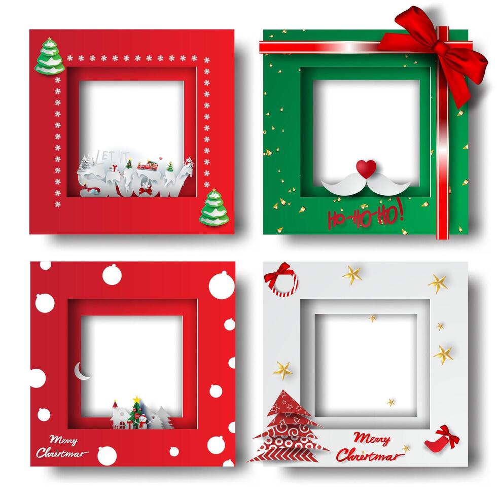 Merry Christmas and Happy new year border frame photo design set on transparency background.Creative origami paper cut and craft style.Holiday decoration gift card.Winter season vector illustration
