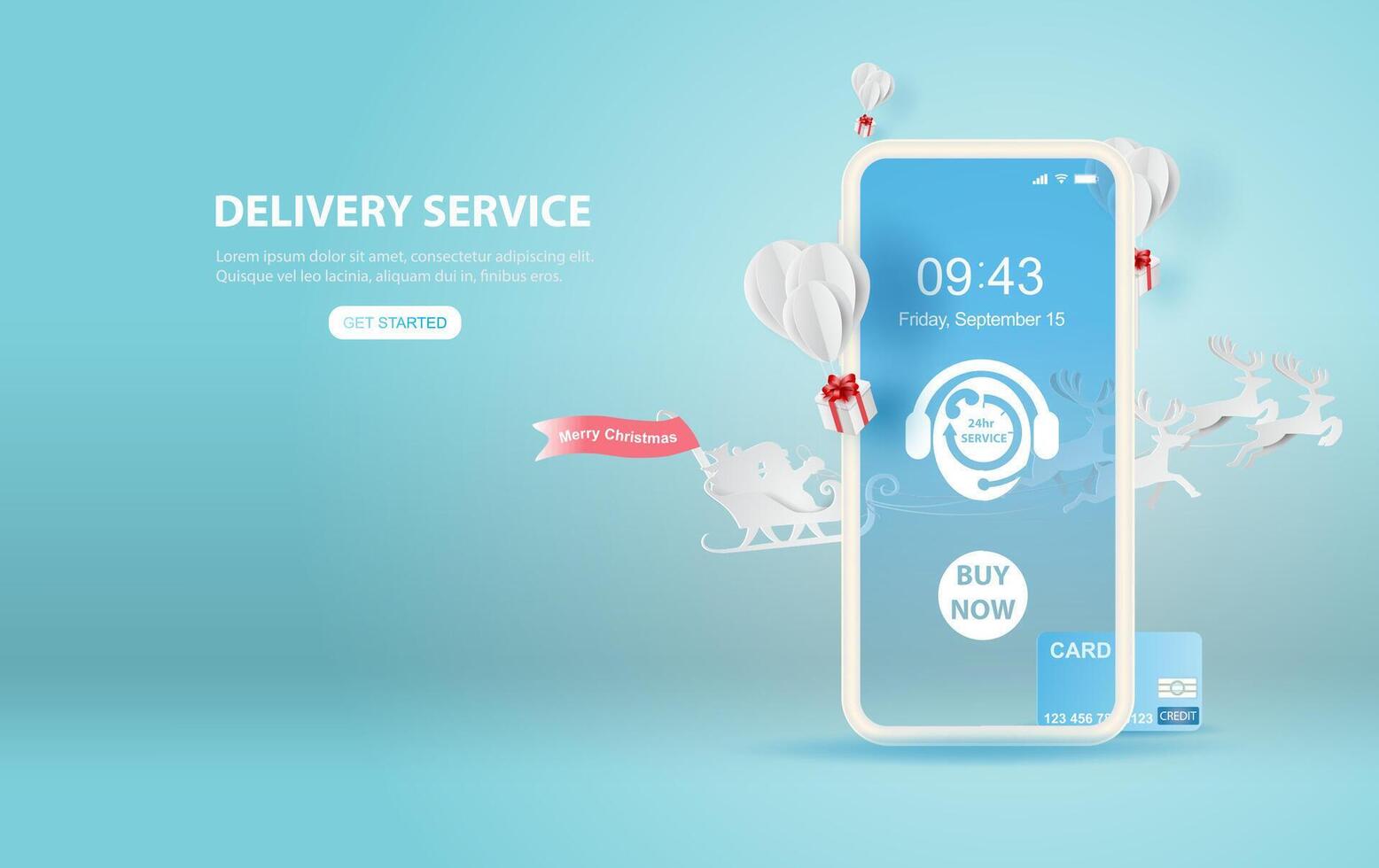 illustration of smartphone Online delivery service application concept.Merry Christmas season.Paper cut and craft style.Santa Claus riding with reindeer transport gift balloon fly air Vector EPS10