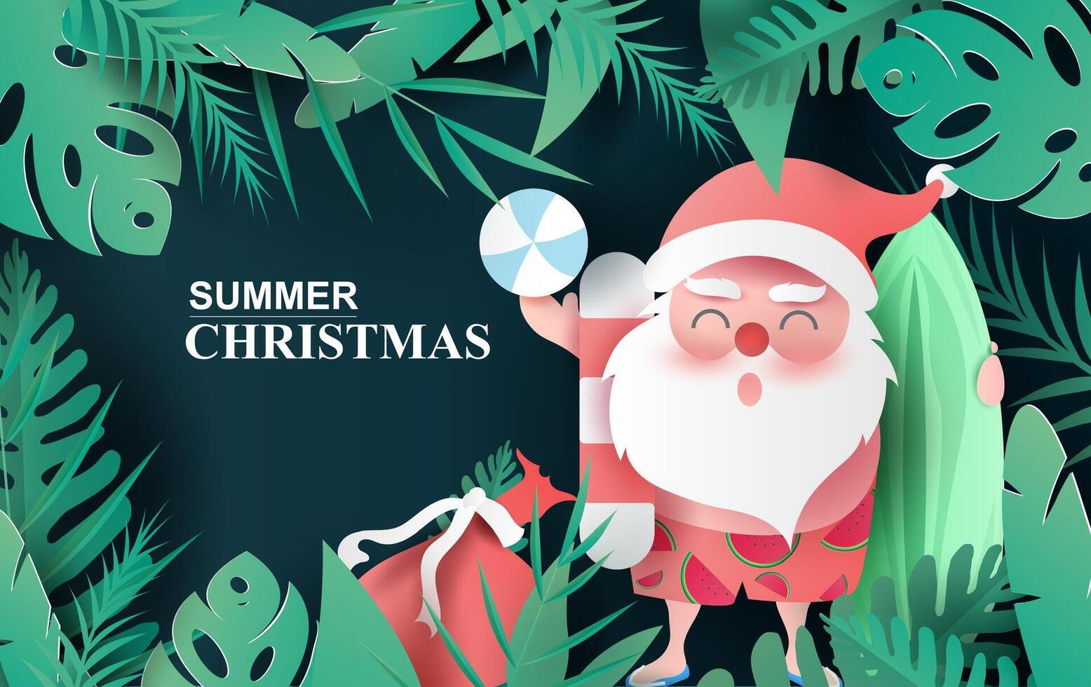 Santa Claus smile wearing beach suit of Tropical leaves and nature plants.Paper cut and craft Origami Hawaiian style summertime space for text.Summer Christmas season background.vector illustration. vector