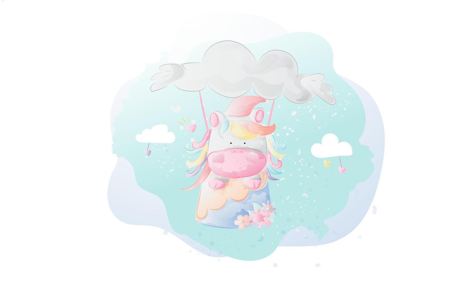 Cute Unicorn horse fly ob balloons cloud watercolor painting.Creative simple color wildlife animal hand drawn style.cartoon child pastel.Character kids love nature.Portrait lovely vector illustration