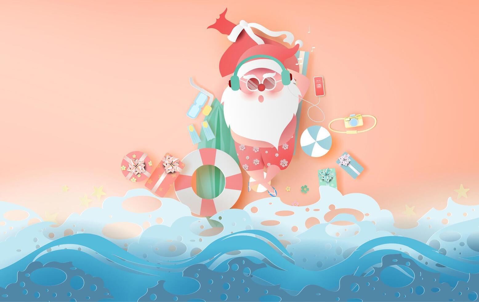 Summer Santa Claus Christmas day July concept.Delivery service cute cartoon character for Xmas design on sea wave water background.Creative paper cut and craft style.web minimal vector illustration