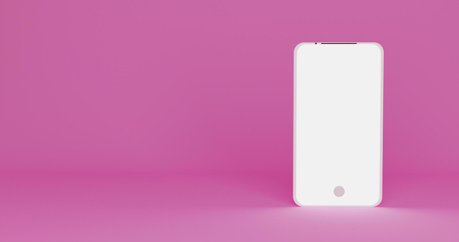 3d rendering of illustration hand holding the white smartphone with full screen on pink background. Modern mock up frame less design isolated object.Concept of modern smartphone minimalist space. photo