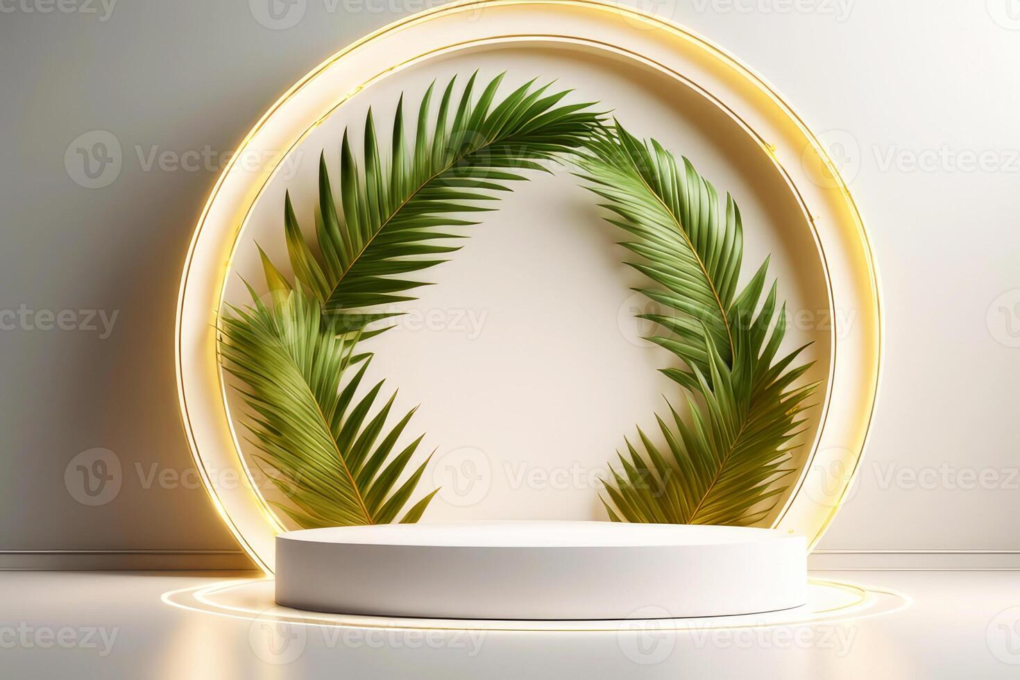 Podium with green tropical palm leaves and a white round.generative ai. photo