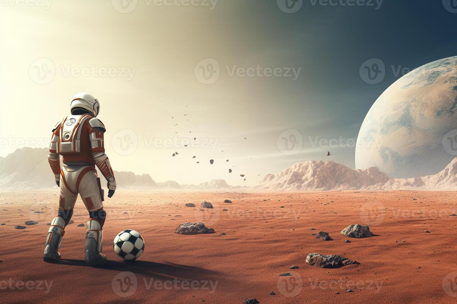 An astronauts playing football on planet.Created with Generative AI technology. photo
