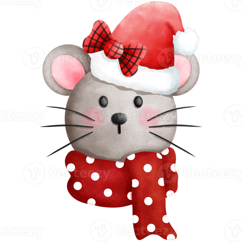 Watercolor christmas mouse illustration with red scarf and santa hat.Christmas animal head clipart. png