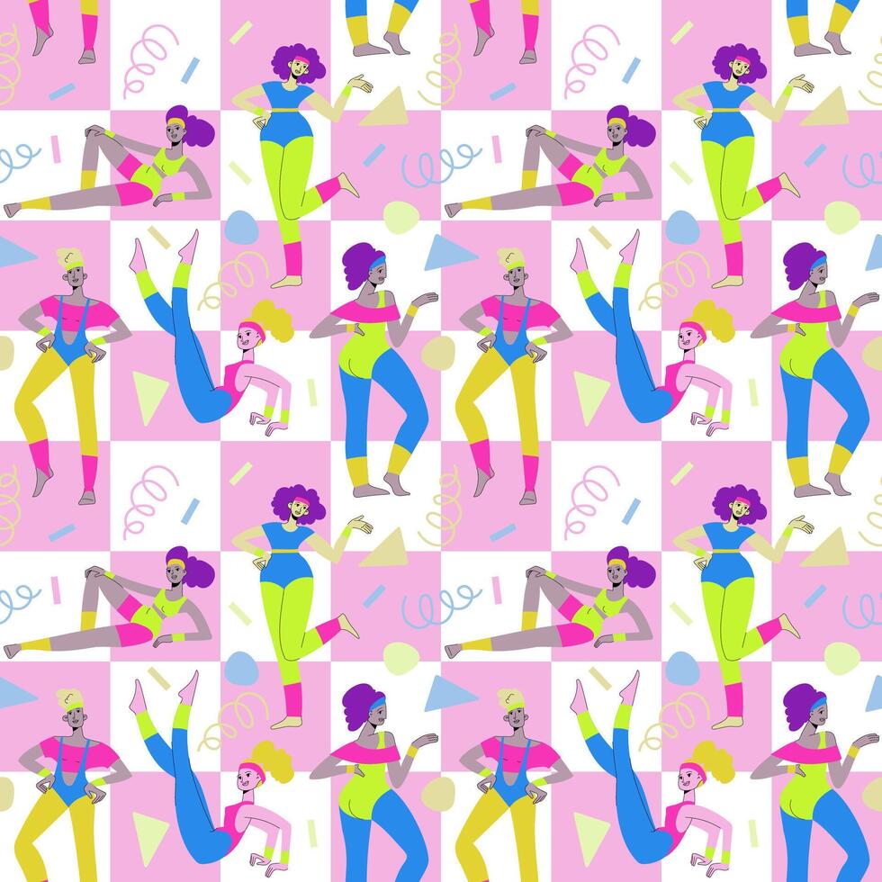 80-90s stylisation. Seamless pattern with women doing aerobics. Repeatable pattern with characters with retro sportswear vector