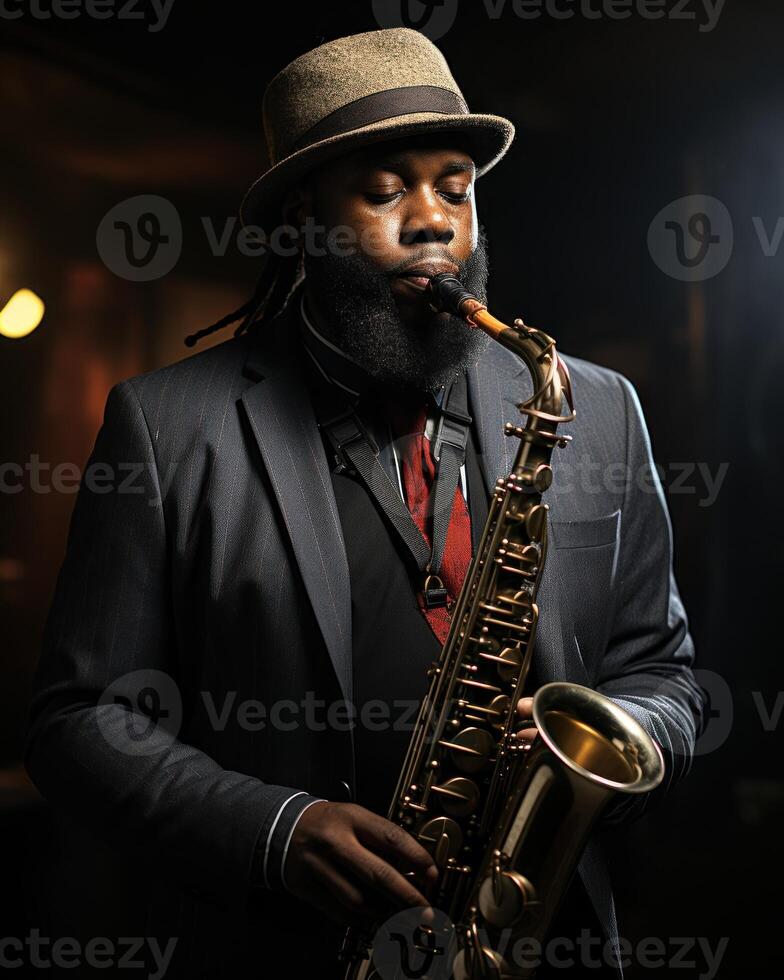 Jazz musician in a pinstripe suit and fedora.. Generative AI photo