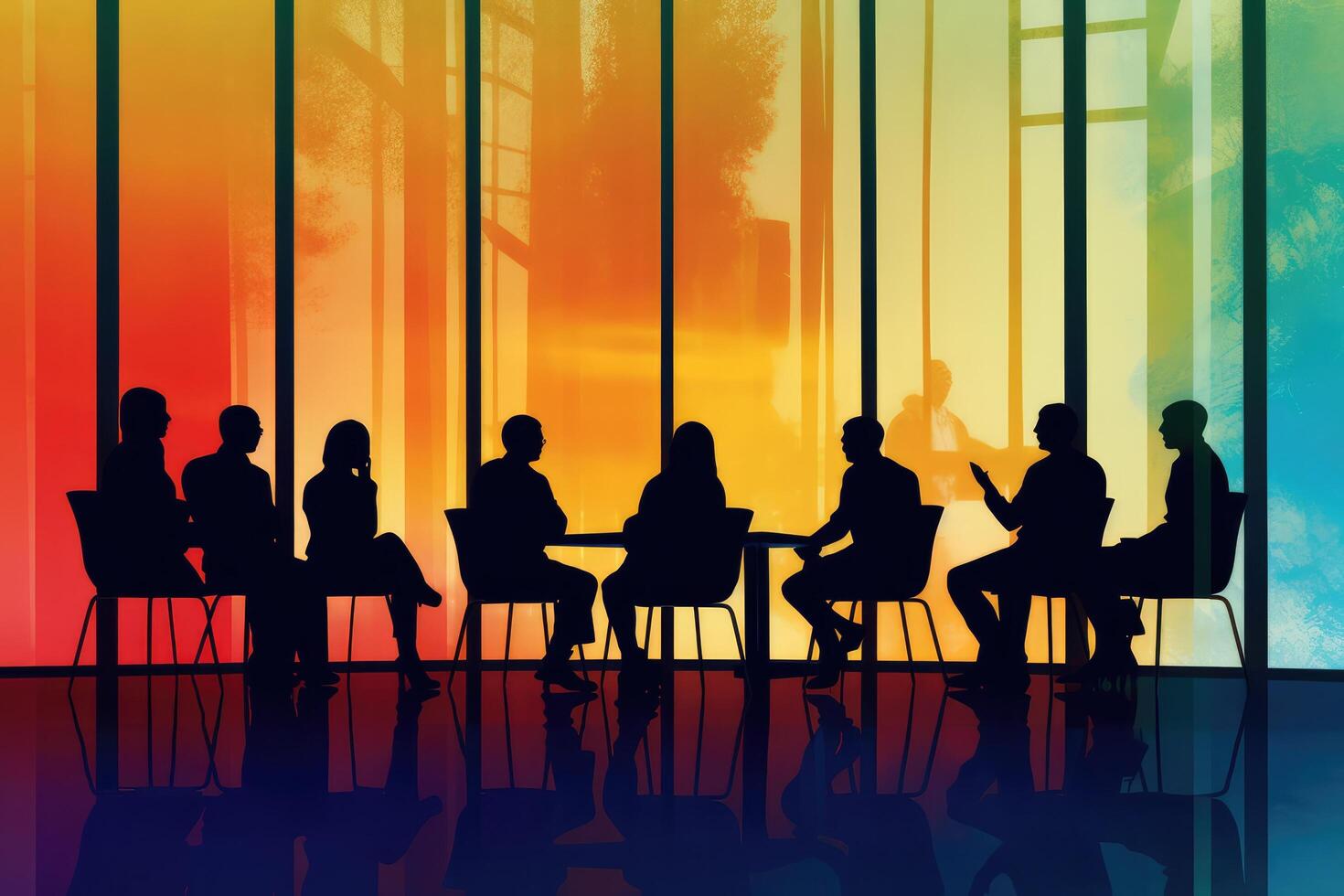 Silhouettes of team in a meeting room with a colorful window behind the,Generative AI. photo