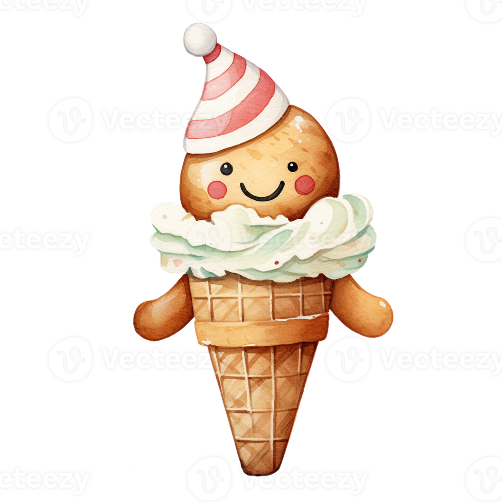 Christmas Ice Cream Cone in style watercolor.Merry Christmas and Happy new year concept. png