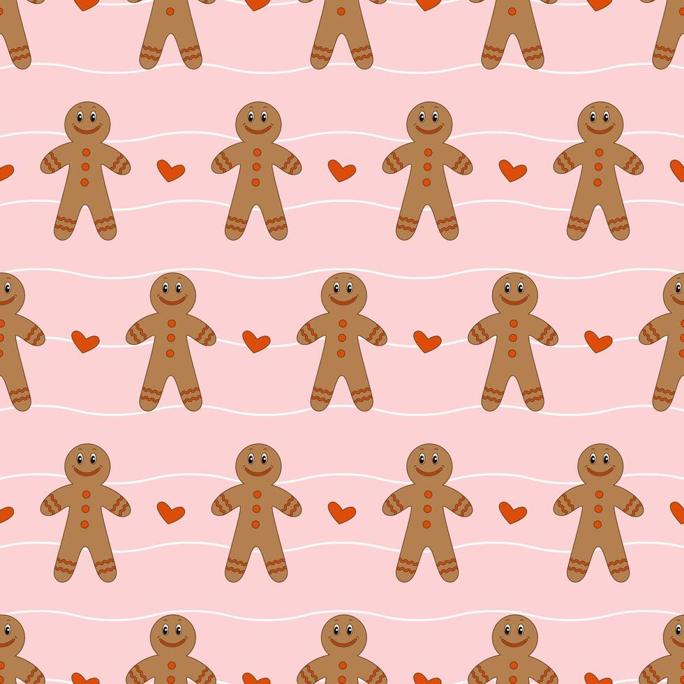 Pattern of gingerbread men.Pink background. Vector illustration.
