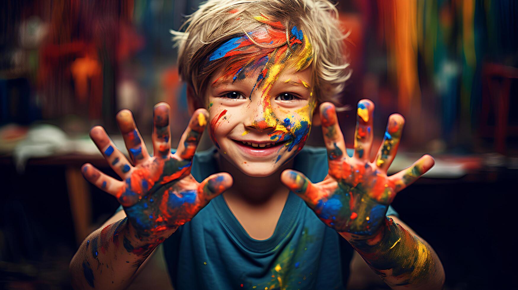 Cheerful Boy Wearing Colorful Face Paint at a Joyful Festival.Create AI Generated. photo