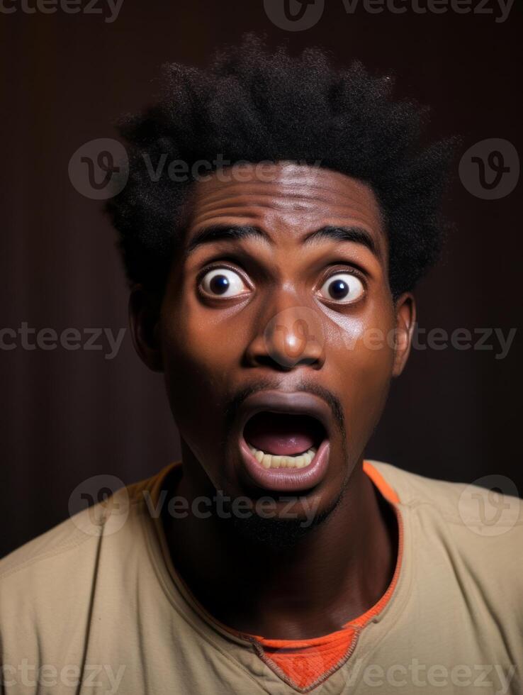 Young man with African features who appears to be shoched AI Generative photo