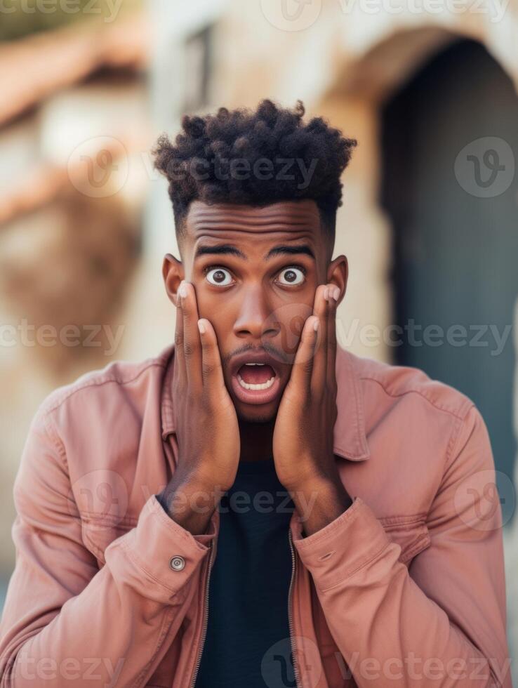 Young man with African features who appears to be shoched AI Generative photo