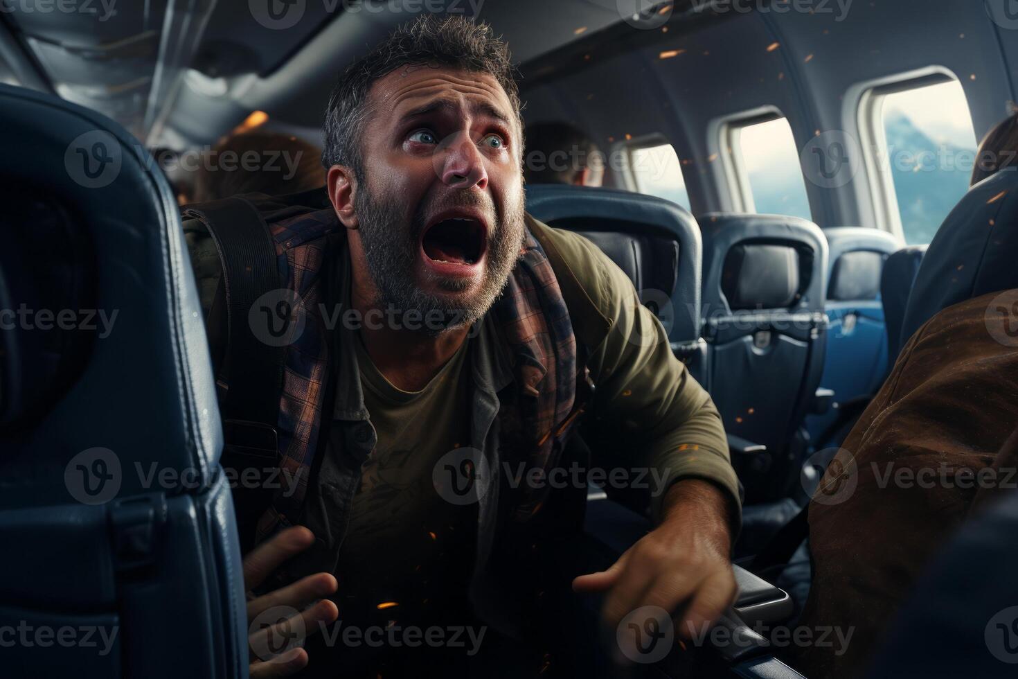 Nervous person afraid on airplane. Panic attack and aerophobia. Generative AI photo