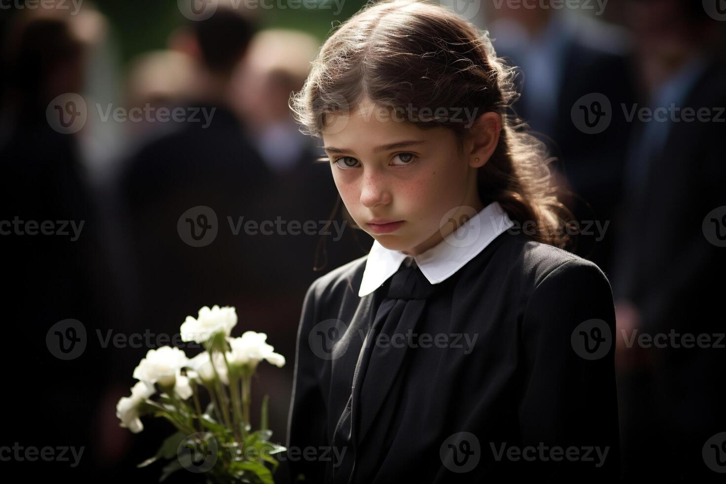 Portrait of a sad little girl on the background of the crowd.Funeral concept AI generated photo