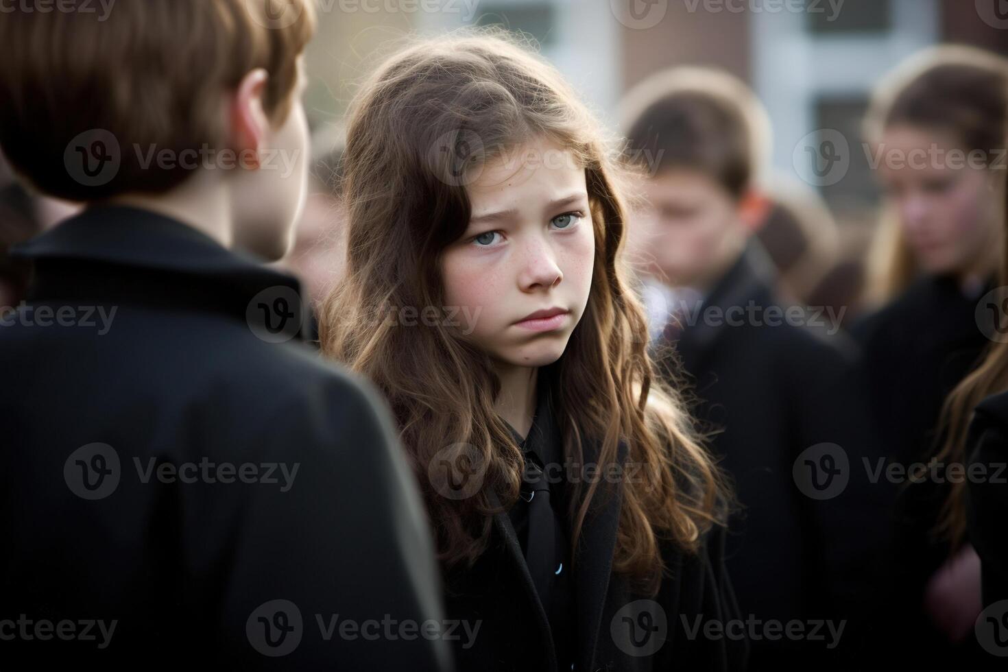 Portrait of a sad little girl on the background of the crowd.Funeral concept AI generated photo