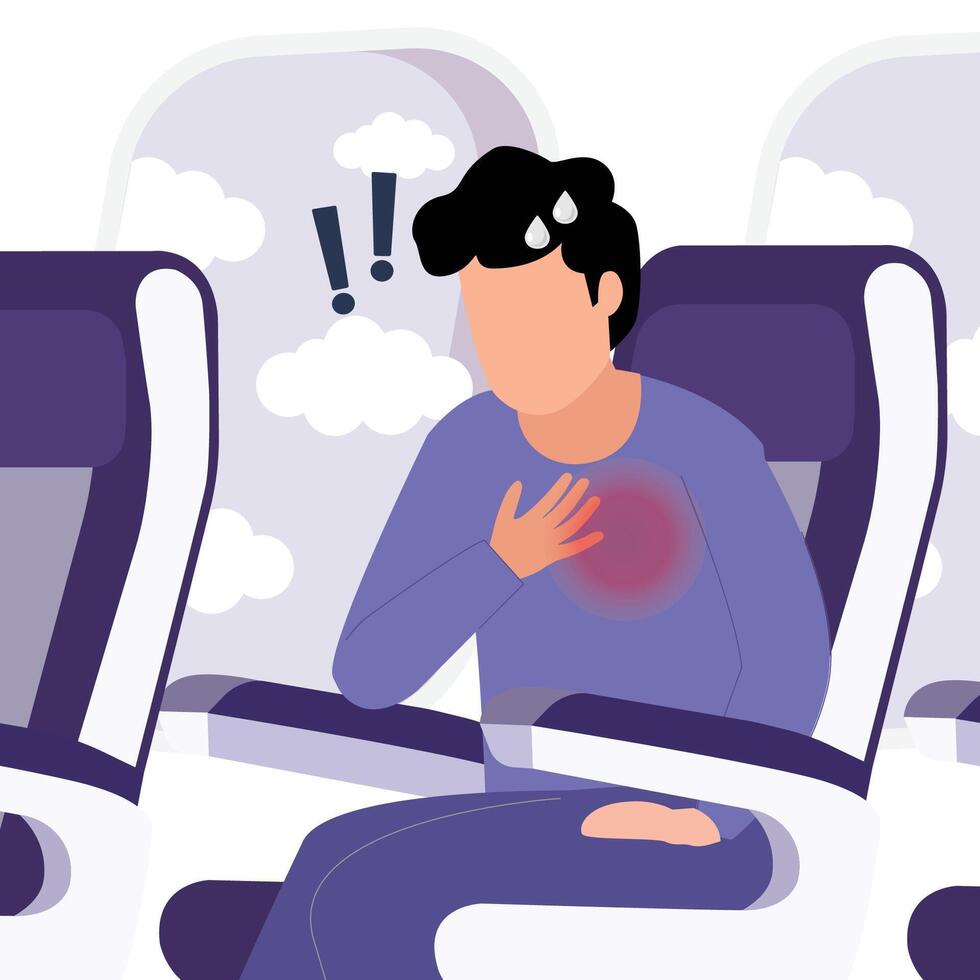 Man  in the airplane suffering from panic attack, fast heartbeat, sweating and trembling.Vector cartoon illustration. vector