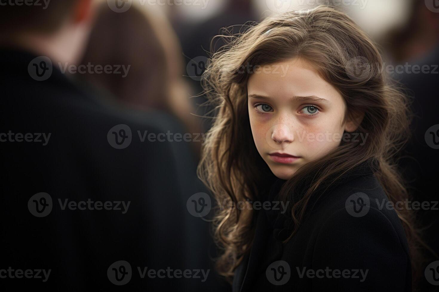 Portrait of a sad little girl on the background of the crowd.Funeral concept AI generated photo