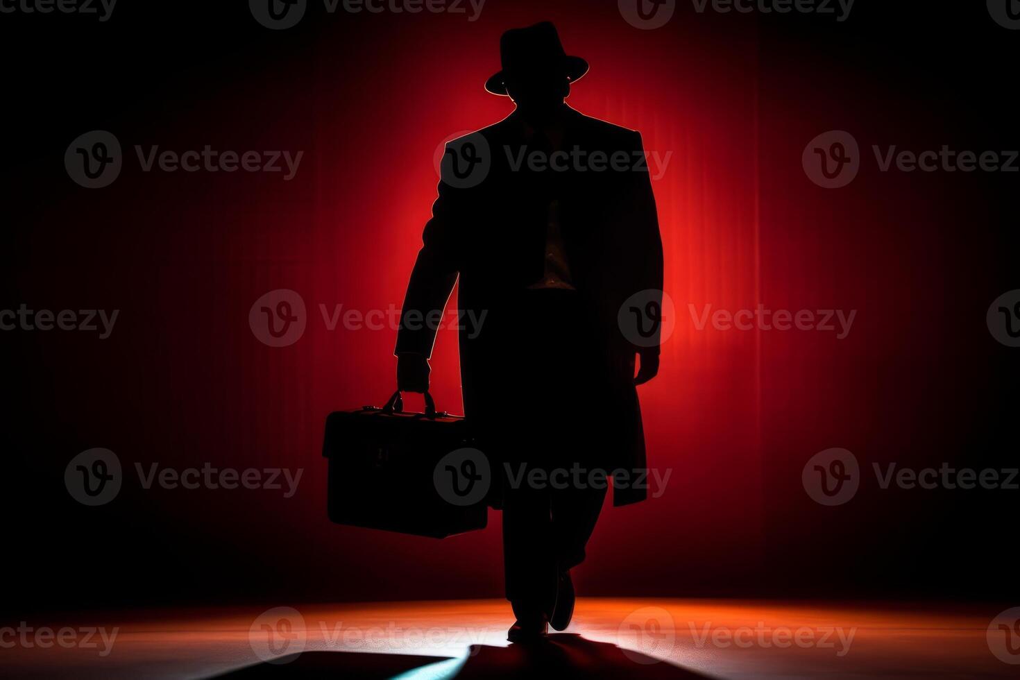 A silhouette of a fedora-wearing mafia hitman, holding a briefcase, as he walks into the shadows, symbolizing danger and clandestine dealings. Generative AI photo
