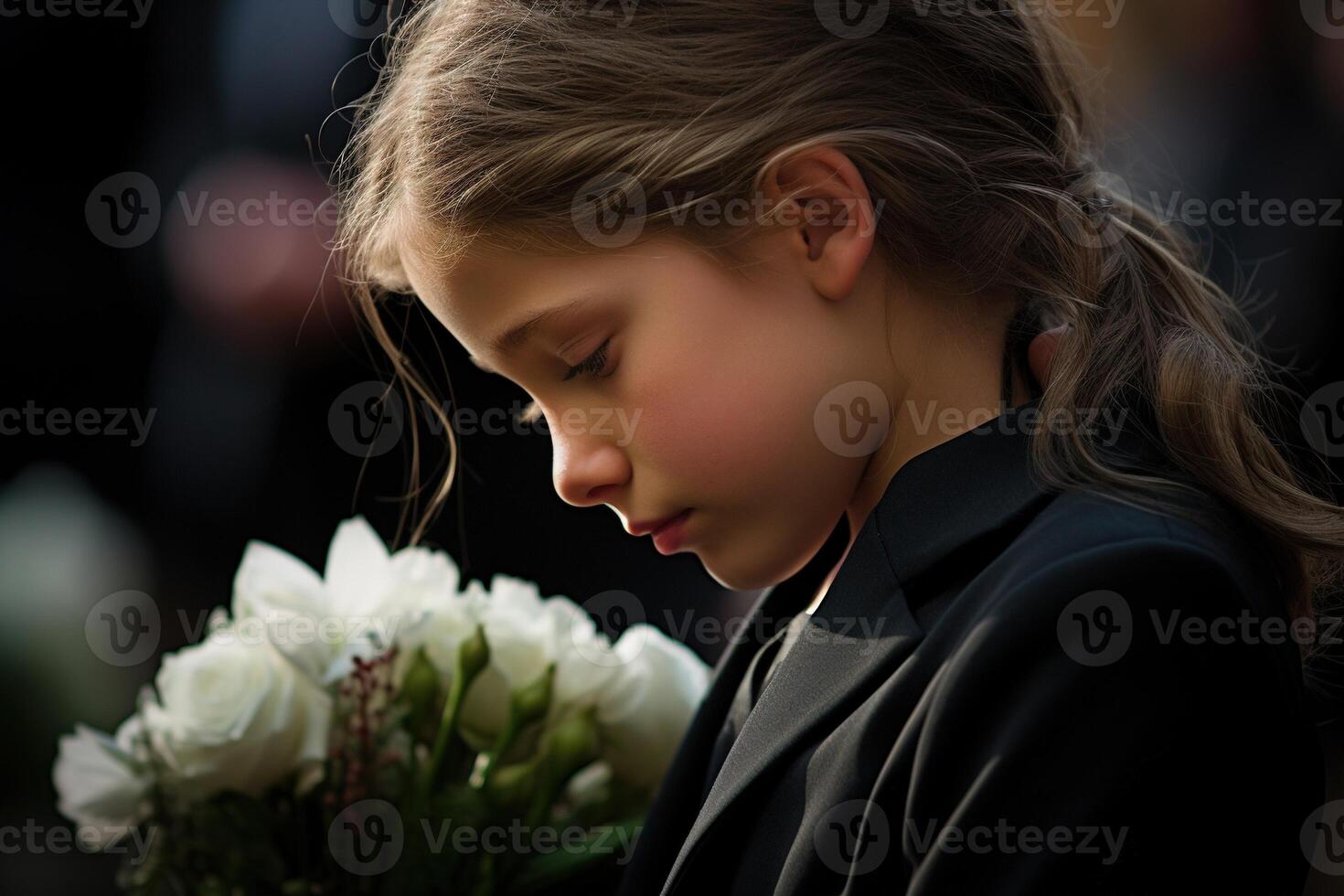 Portrait of a sad little girl on the background of the crowd.Funeral concept AI generated photo