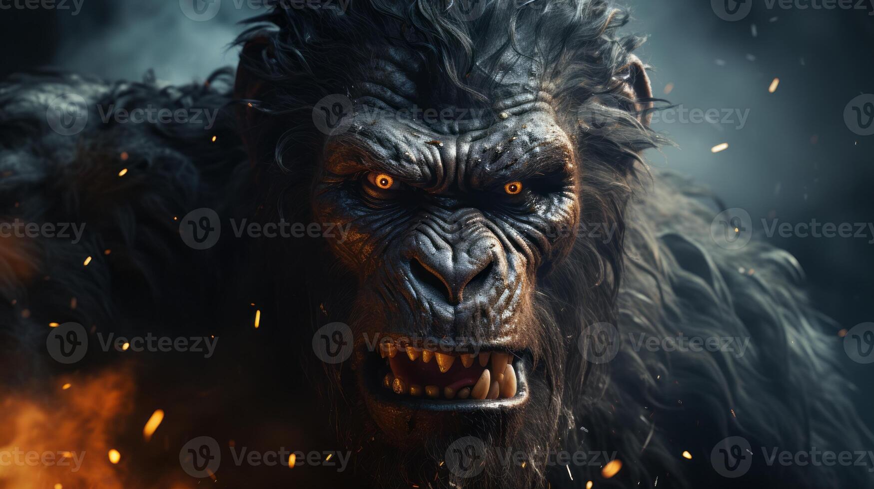 The image shows a fierce-looking gorilla in front of an intense background of flames. Image conveys a sense of danger and ferocity. Generative AI photo